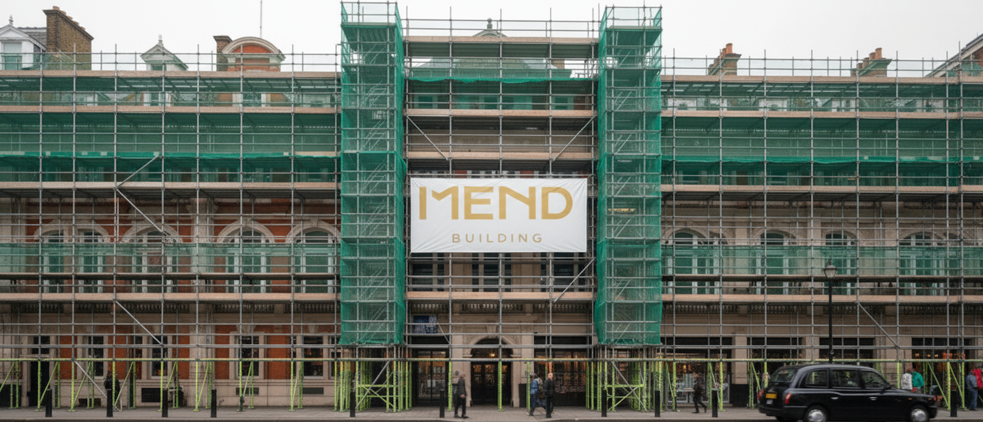 MEND Building heritage facade with scaffolding in London